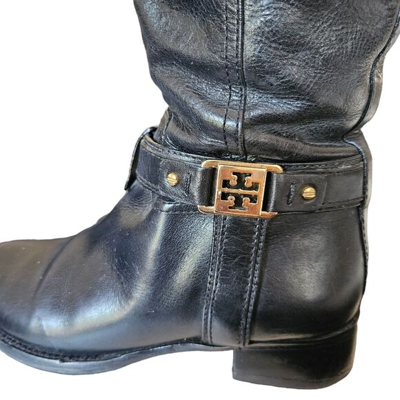 Tory Burch Tall Black Boots Alessandra Women's Size 6.5 Riding Boots Gold Logo - Picture 2 of 6
